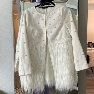 White fur/feather and pearl jacket